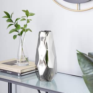 12 in. Silver Geometric Aluminum Metal Decorative Vase