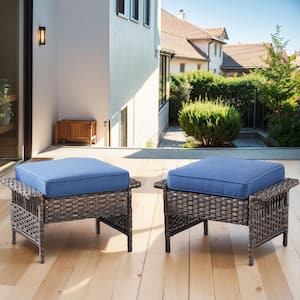 Seagull Series 2-Pack Wicker Outdoor Ottoman Steel Frame Footstool with Removable Blue Cushions