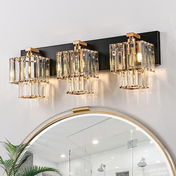 Schonbek 23.62 in. 3-Light 2-Tier Modern Black and Gold Dimmable Bathroom Vanity Light with Crystal Shades