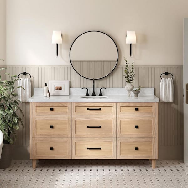 ARIEL Monroe 66 in. Single Sink Freestanding Bathroom Vanity in Oak with Carrara White Marble Top