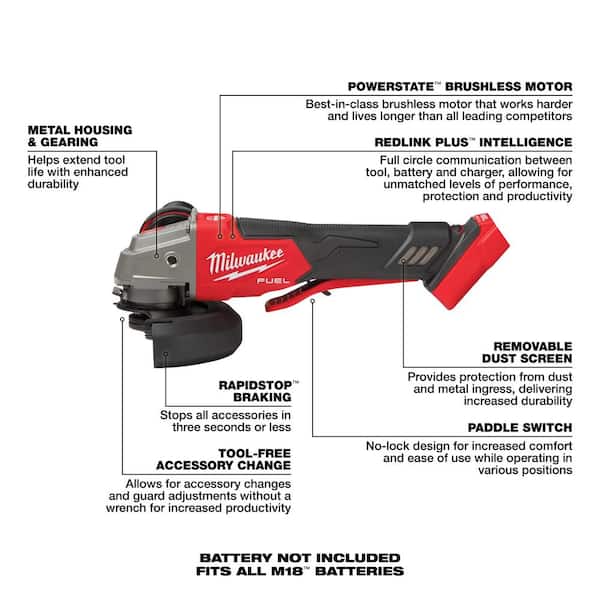 Milwaukee 2888-20 M18 FUEL 18V Lithium-Ion Brushless Cordless 4-1/2 in./5 in. Grinder with Variable Speed & Paddle Switch (Tool-Only) - 3
