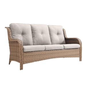 3 Seat Wicker Outdoor Patio Sofa Couch with Deep Seating and Cushions, Suitable for Porch Deck Balcony(Yellow/Beige)