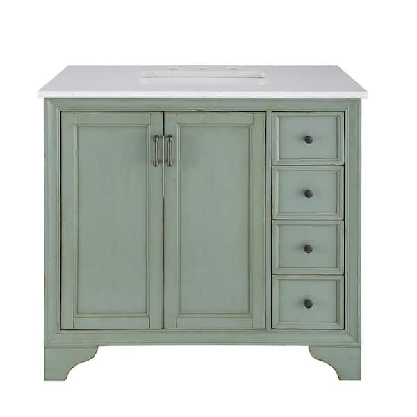 Home Decorators Collection Hazelton 37 in. W x 22 in. D Vanity in Antique Green with Engineered Stone Vanity Top in Crystal White with White Sink