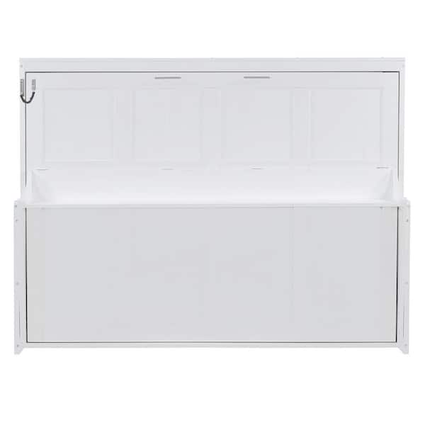 White Wood Frame Queen Size Murphy Bed with Hydraulic Lift & Desk Design