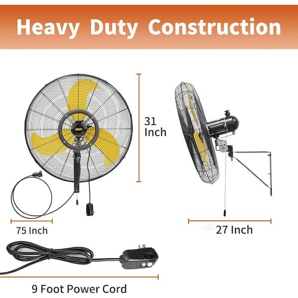 30 in. 3 Speeds Misting Outdoor Oscillating Weatherproof Wall Mounted Fan in Yellow with 1/3 HP Powerful Motor, 9300 CFM