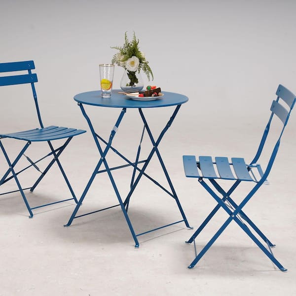 3-Piece Metal Patio Bistro Set Round Folding Table and Chairs Set Iron Conversation Coffee Table Set for Backyard, Blue