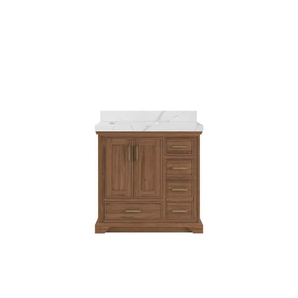 Willow Collections Charlotte 36 in. W x 22 in. D x 36 in. H Left Offset Sink Bath Vanity in Dark Natural with 2" Calacatta Laza Qt. Top