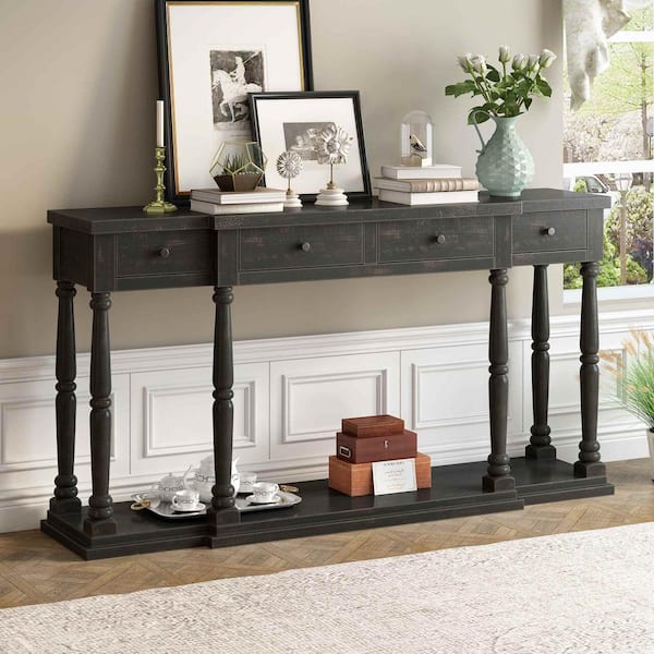 63 in. Antique Black Rectangle Wood Console Table with 4 Front Facing Storage Drawers and 1 Shelf