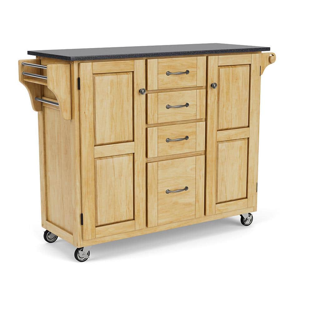 Natural Wood Kitchen Cart with Black Granite Top and Storage