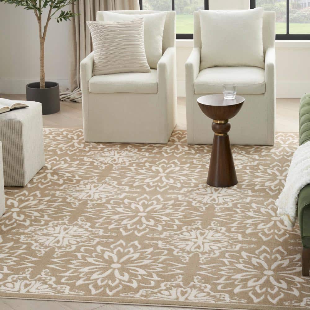 Taupe Floral Synthetic Rectangular 8' x 10' Area Rug