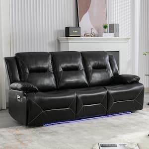 82.2 in. W Square Arm Faux Leather 3 Seater Home Theater Manual Rectangle Reclining Sofa in. Black with Cup Holders