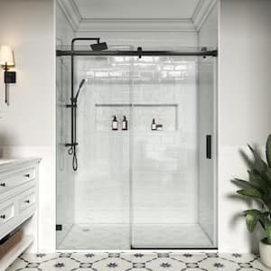 60 in. W x 76 in. H Single Sliding Frameless Soft-Closing Shower Door in Matte Black with Easy-Clean 3/8 in. Glass