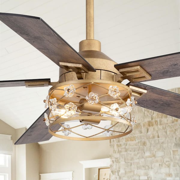 Tottel 52 in. Indoor 2-Light Antique Gold Downrod Ceiling Fan with Light Kit, 5 Black/Brown Blades and Remote Included