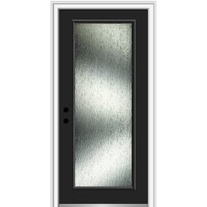 32 in. x 80 in. Right-Hand/Inswing Rain Glass Black Fiberglass Prehung Front Door on 4-9/16 in. Frame