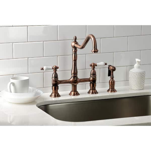 Heritage 2-Handle Bridge Kitchen Faucet with Side Sprayer in Antique Copper