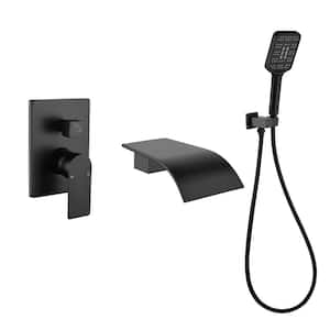 Single Handle Waterfall Wall-Mount Roman Tub Faucet with Flexible Hand Shower, Bathtub Faucet in Matte Black