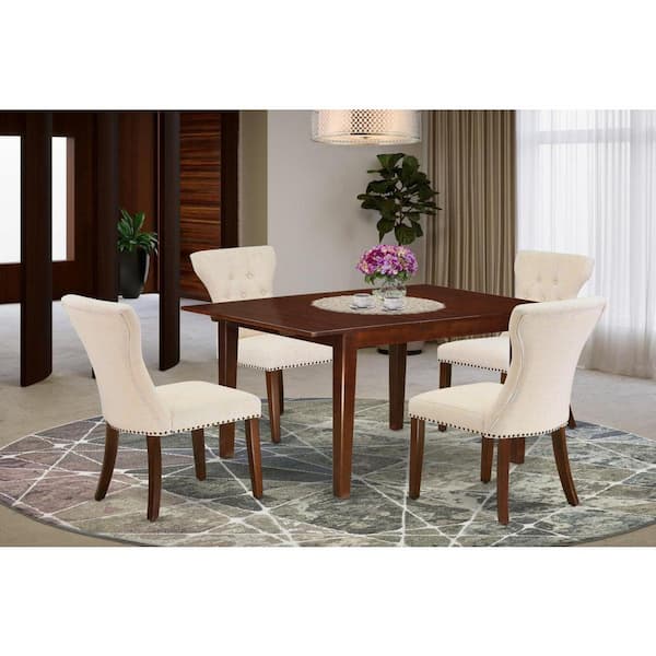East West Furniture 5-Piece Mahogany Finish Solid Wood Top - Rectangular Button Tufted Dining Room Set with Butterfly Leaf - Seats 4