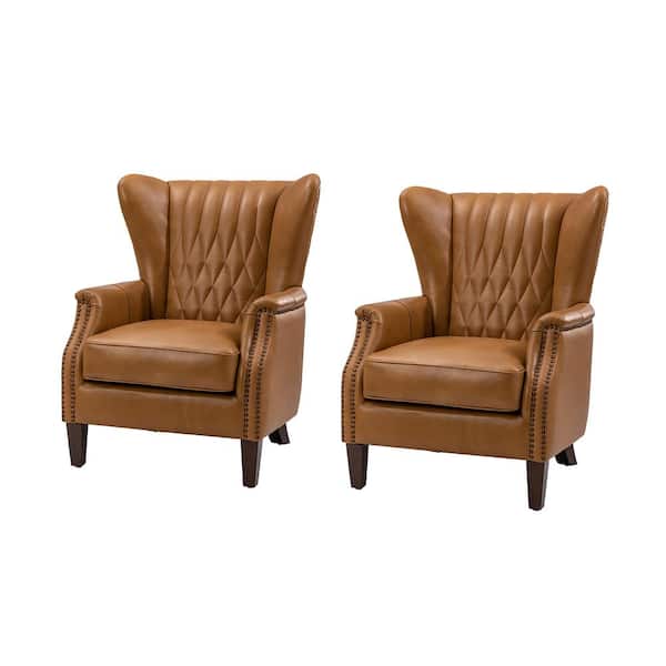 JAYDEN CREATION Valerius Camel Genuine Leather Armchair with Nailhead Trims and Solid Wood Legs (Set of 2)