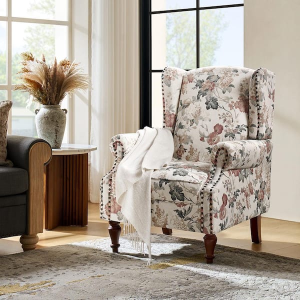 JAYDEN CREATION Gille Traditional Upholstered Wingback Accent Chair with Spindle Legs-FLORAL