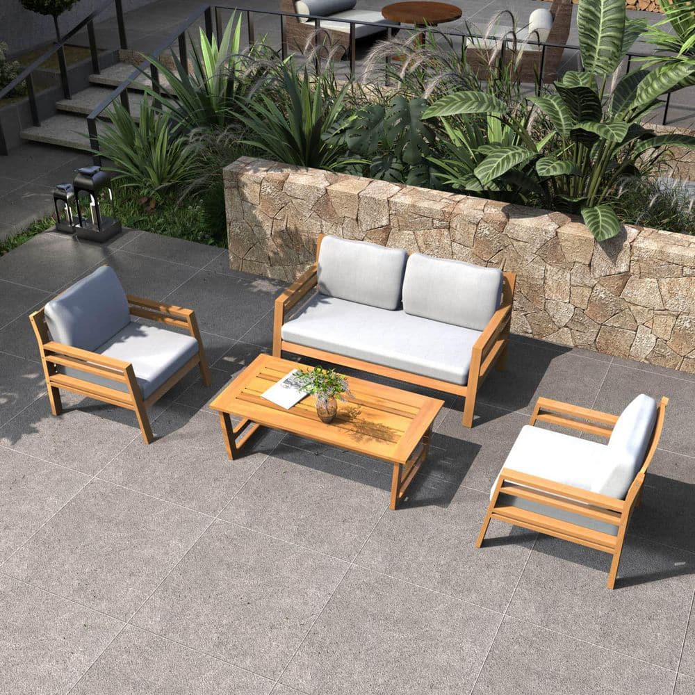 Data Natural 4-Piece Acacia Wood Patio Conversation Sofa Set with Beige Cushions price history on PriceWatchPro