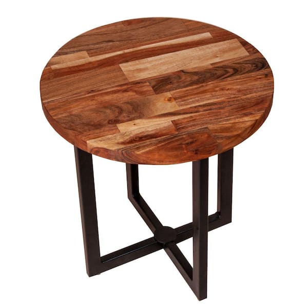 The Urban Port 18 in. Brown and Black Round Solid Acacia Wood Tabletop End Side Table with Steel