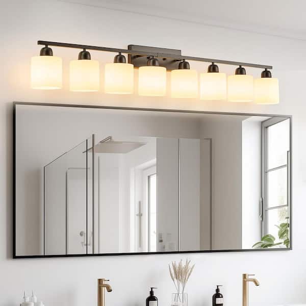 52 in. W 8-Light Black Vanity Light with Frosted Glass Shades, Up/Down Mount for Mirror, Hallway (No Bulb included)