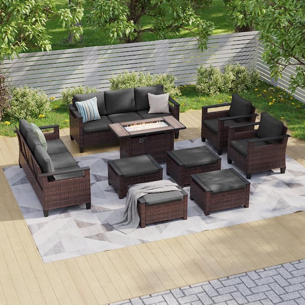 Sonkuki 9 Pieces Brown Wicker Black Cushion Patio Conversation Set with Rectangle Firepit Table and Ottomans