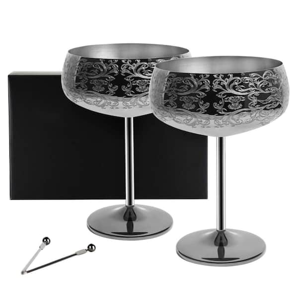 14 oz. Baroque Etched Black-Plated Stainless Steel Stemmed Martini Glass with Cocktail Picks (Set of 2)