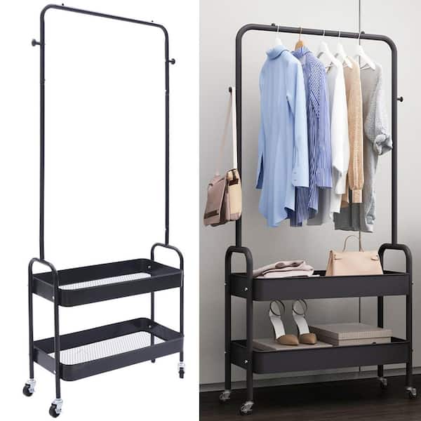 Double clothes hanger with swivel wheels with shelves and side