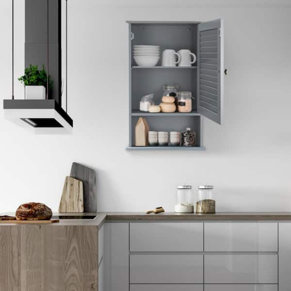 Dracelo 16.5 in. W x 6.5 in. D x 27.5 in. H Grey Wooden Bathroom Wall Cabinet with Adjustable Shelf and Single Door