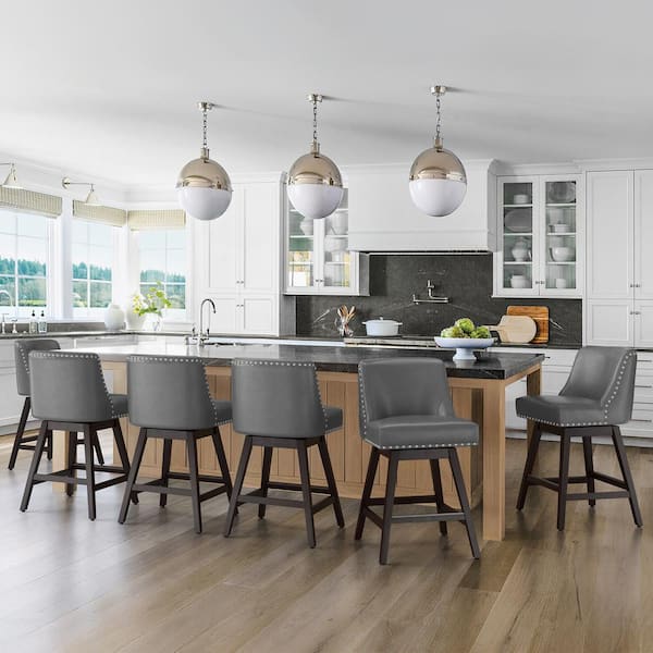 OrangeOne Hampton 26 in. Solid Wood Gray Swivel Bar Stools with Back Faux Leather Upholstered Counter Bar Stool Set of 6