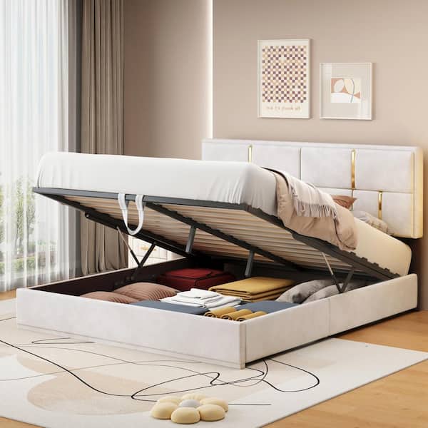 Harper & Bright Designs Beige Wood Frame Queen Size Velvet Upholstered Platform Bed with Hydraulic Storage System and Gold Decoration Headboard