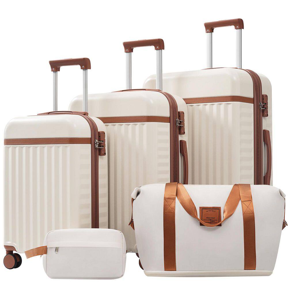 5 Bags 5-Piece Brown and White Expandable ABS Hardshell Luggage Set with Duffel Bag, Toiletry Bag, TSA Lock