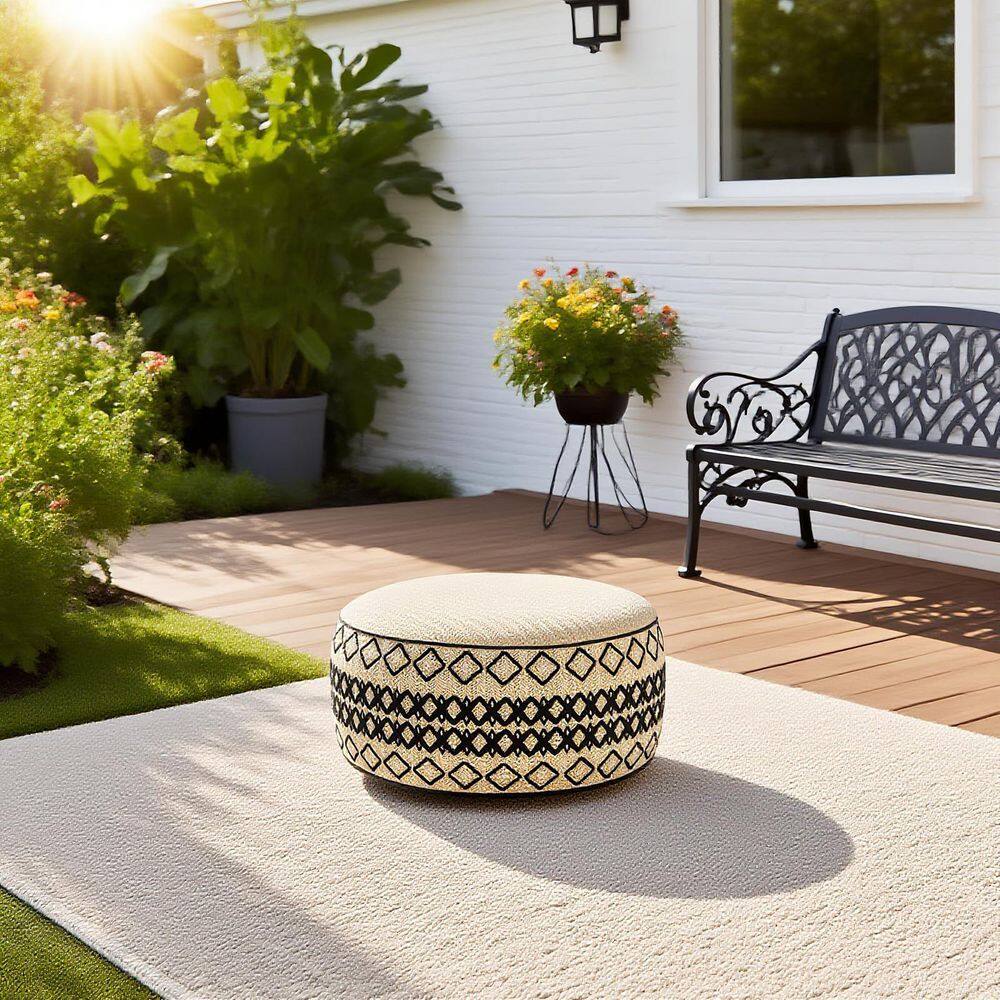 Embroidered Blue Woven Fabric Round Pouf 1-Piece Indoor Outdoor