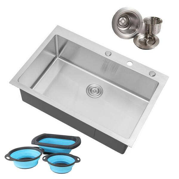 eModernDecor 33 in. 16G Stainless Steel Topmount Drop-In Single Bowl Kitchen Sink in Brushed Stainless Steel Finish w/ Accessories