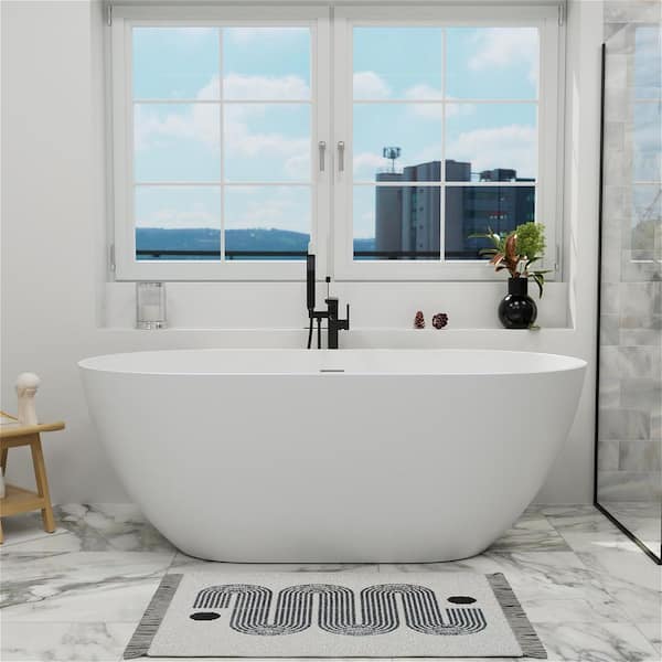 59 in. x 29.52 in. Elegant Soaking Freestanding Solid Surface Resin Stone Oval Bathtub with Center Drain in Matte White