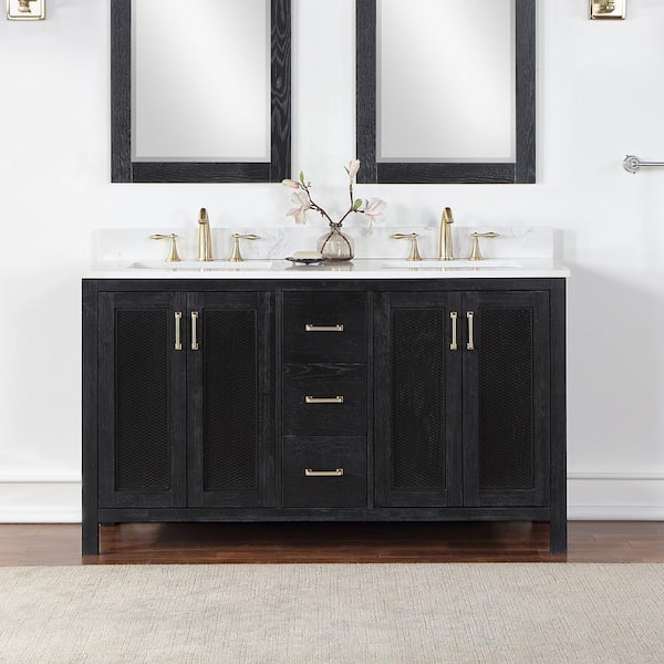 Altair Hadiya 60 in. W x 22 in. D x 34 in. H Bath Vanity in Black Oak with Carrara White Composite Stone Top