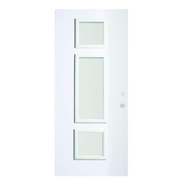 Stanley Doors 36 in. x 80 in. Marjorie Satin Opaque 3 Lite Painted White Left-Hand Inswing Steel Prehung Front Door