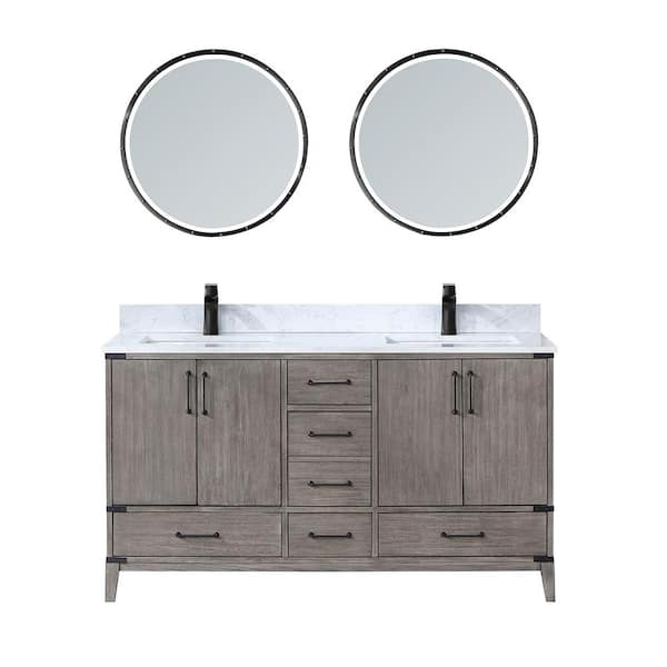 ROSWELL Zaragoza 60 in. W x 22 in. D x 34 in. H Double Sink Bath Vanity in Grey with White Composite Stone Top and Mirror