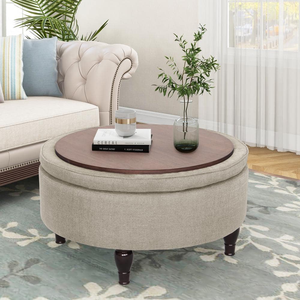 Round Ottoman With Shelf 30.9 Inch Round Ottoman Coffee Table - With Wood  Shelf Upholstered Storage Ottoman, image size:1000x1000
