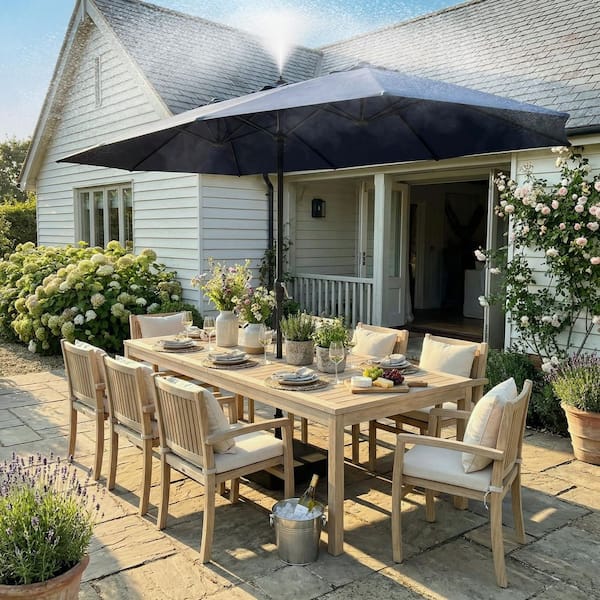 electric patio umbrellas FUFU&GAGA 15 ft. Steel Double-Sided Market Patio Umbrella with Electric Misting Pump and Durable Umbrella Base, Cover in Beige