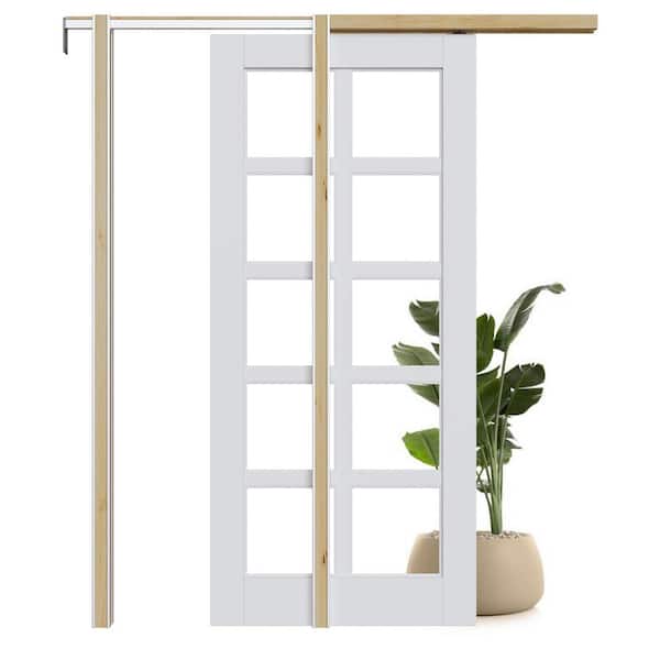 36 in. x 80 in. 10 Lite Clear Glass White Primed MDF Pocket Sliding Door with Pocket Door Frame and Hardware Kit