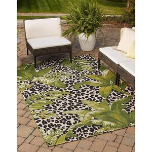Outdoor Botanical Andromeda Green 6 ft. 1 in. x 9 ft. Area Rug