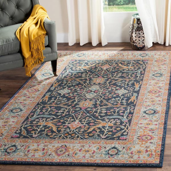 Madison Navy/Cream 12 ft. x 15 ft. Border Floral Area Rug