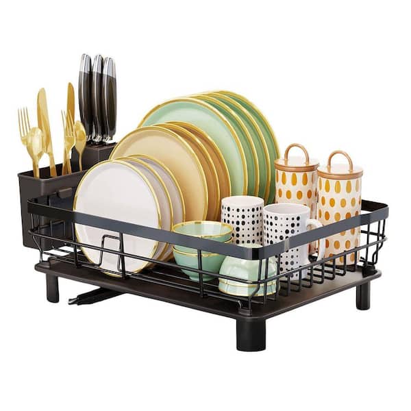 Black Iron Dish Rack with Drainboard Extendable Spout Utensil Holder Knife Slots Compact Kitchen Organizer