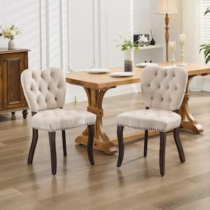 Helsi Beige French Vintage Velvet Button-Tufted Dining Chairs with Nail Head Trim, Rubberwood Legs, Set of 2