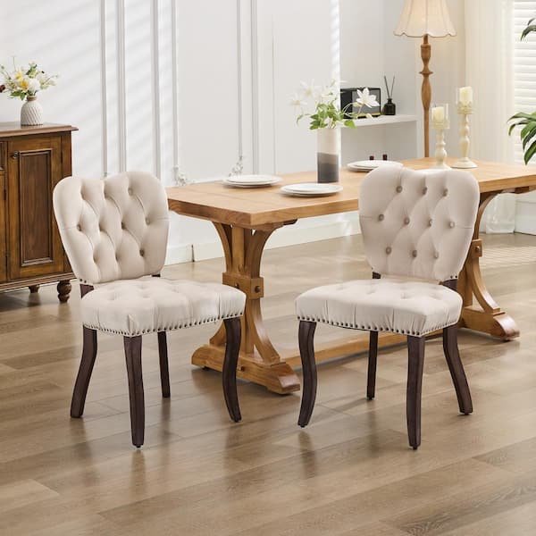 Noble House Helsi Beige French Vintage Velvet Button-Tufted Dining Chairs with Nail Head Trim, Rubberwood Legs, Set of 2