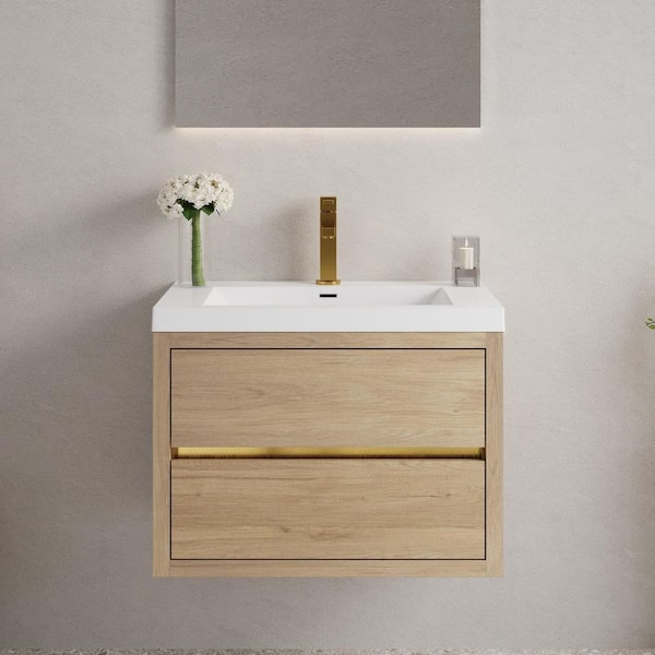 30 in. Single Sink Floating Oak Bath Vanity with White Resin Top (Assembled), Ample Storage Space, Invisible Handle