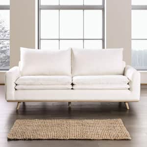 Kasi 82 in. Round Arm Cotton Linen Blend Straight Sofa In Dark Brown/ White With Feather Blend