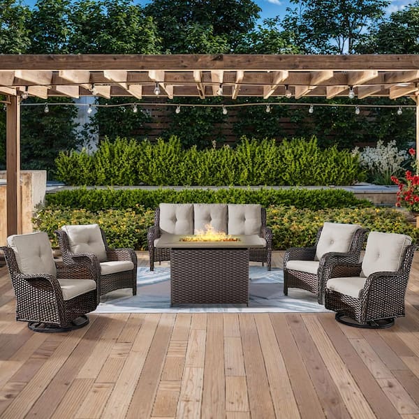 6-Piece Brown Wicker Outdoor Patio Rectangular Fire Pit Conversation Set with Beige Cushions and Swivel Rocker Chairs